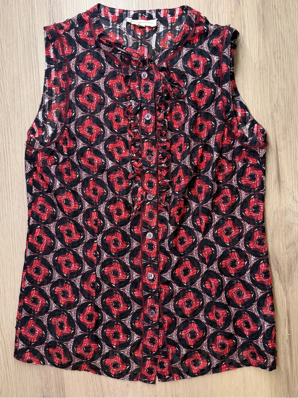 Tory Burch Sleeveless Button-Front Blouse in Red and Black